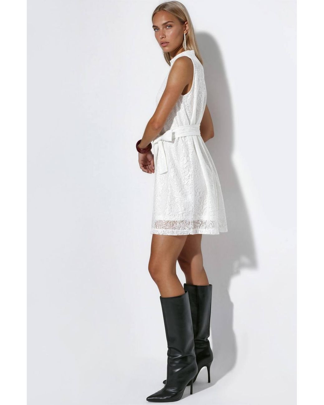 Msn-Collection White Belted High Neck Lace Mini Dress