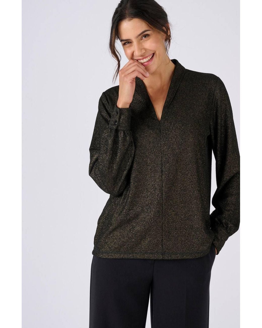 DAMART Black V Neck Gathered Sleeve Sparkle Knit Top