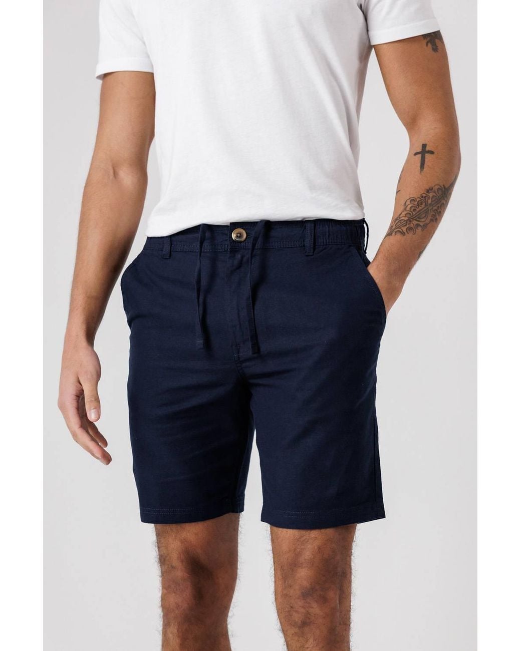 Tokyo Laundry Blue Cotton Linen Shorts With Drawstrings for men