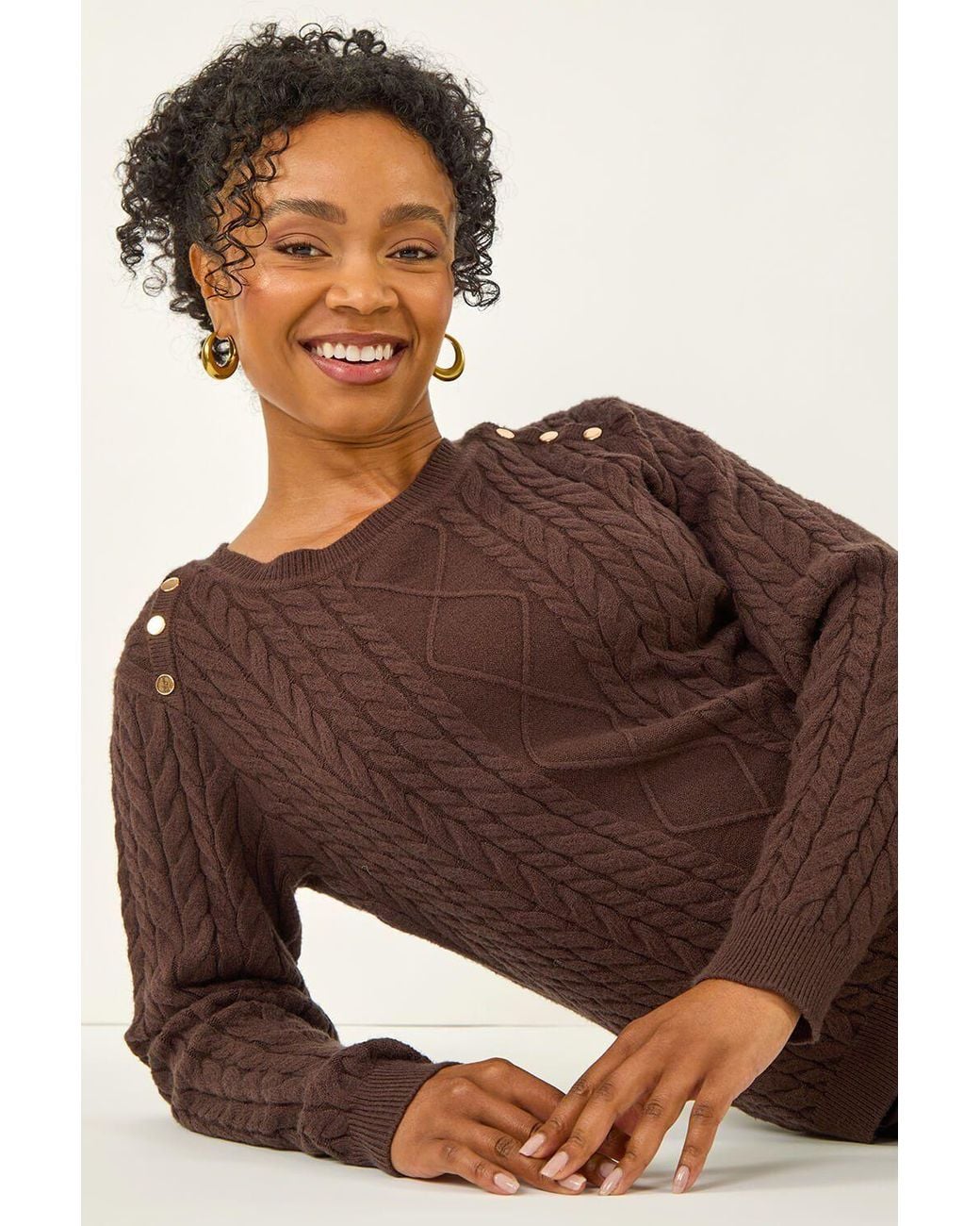 Roman Brown Petite Button Cable Knit Jumper