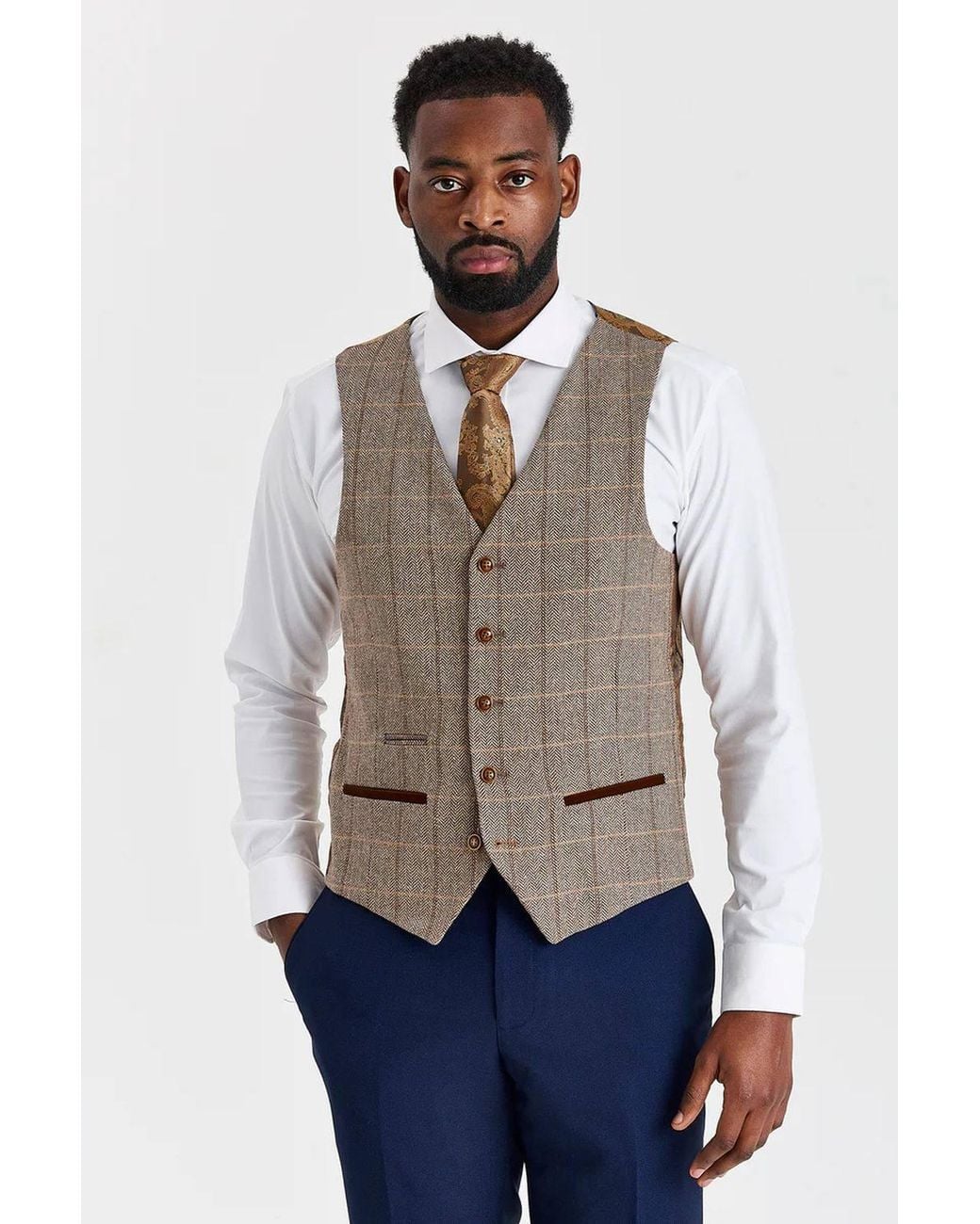 Paul Andrew Blue 3 Piece Textured Suit With Tweed Check Waistcoat for men