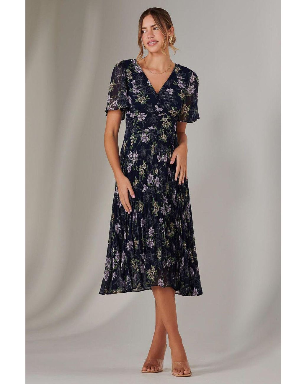 Jolie Moi Blue Chiffon Pleated Wrap Midaxi Dress