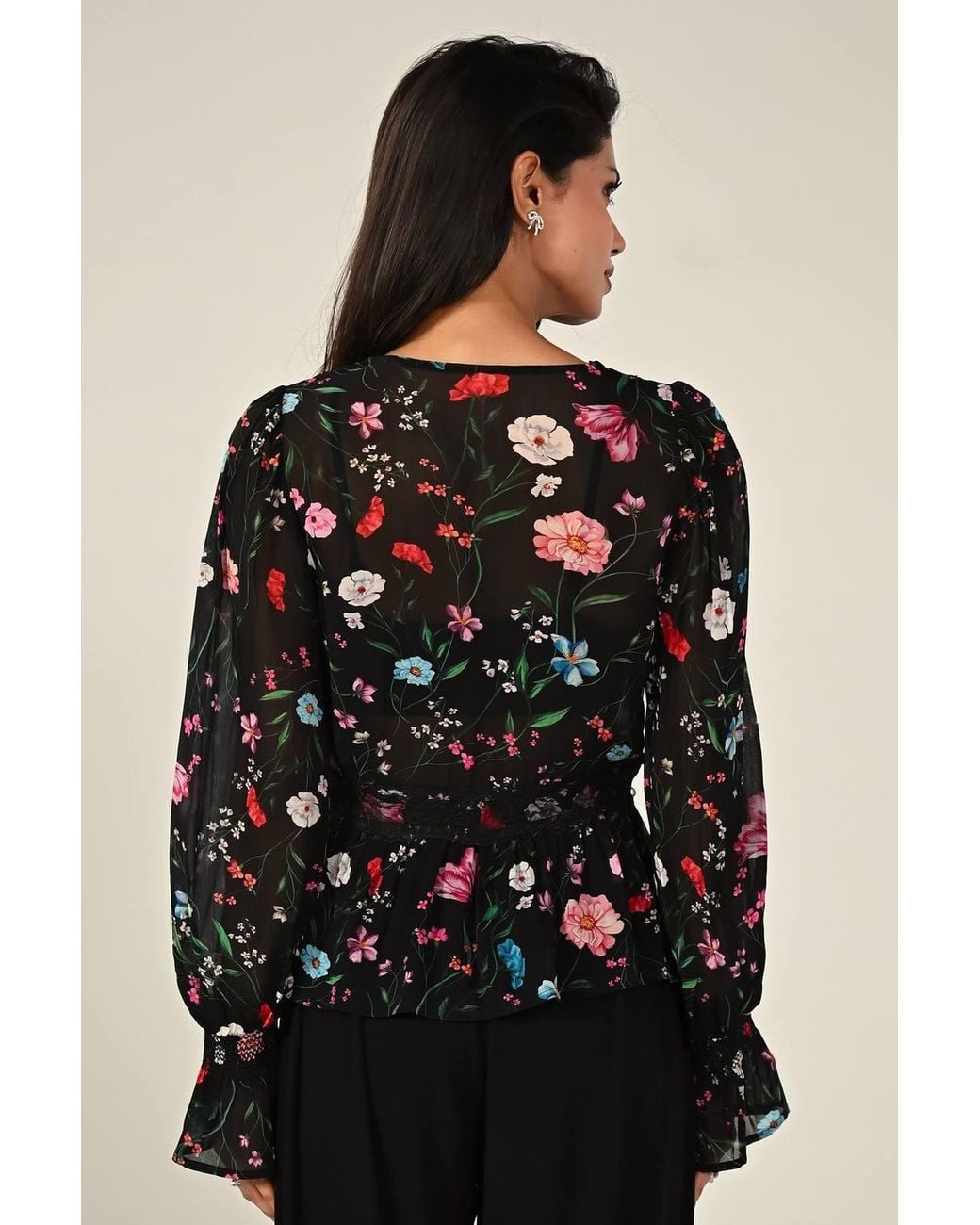 Rose & Nancy Black Juliette--Floral-Lace-Trim-Blouse