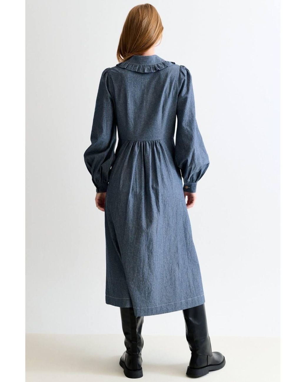 Louche Blue Zoya Chambray Zip Front, Frill Collar Midi Dress