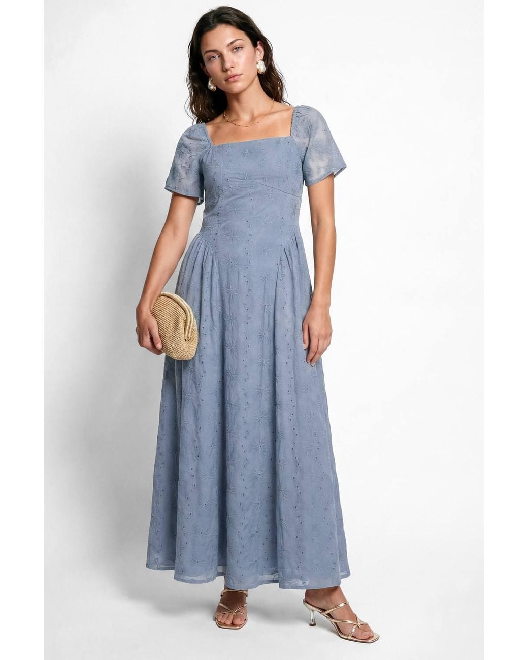 Lovedrobe Blue Broderie Angel Sleeve Maxi Dress