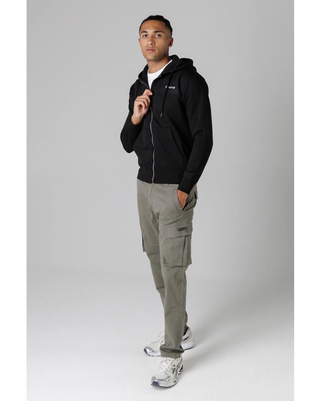 Firetrap Black Cotton Stretch Utility Cargo Trousers With Oversized Pockets for men