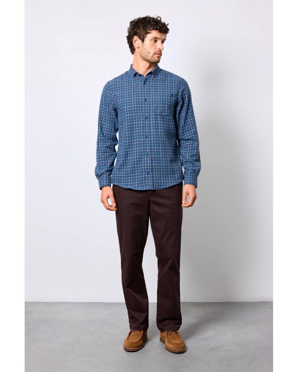 MAINE Blue Brushed Windowpane Check Long Sleeve Shirt for men