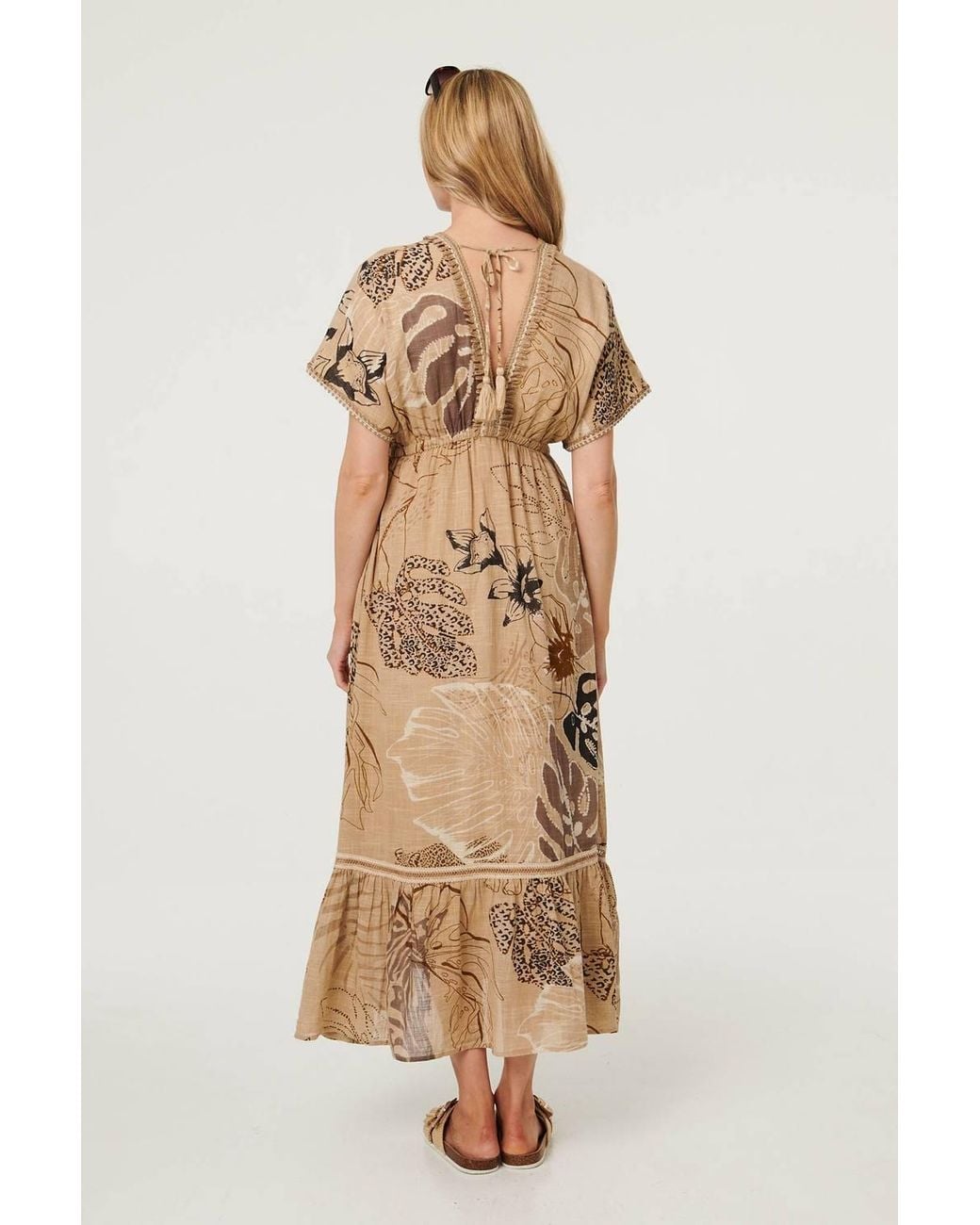 Izabel London Natural Printed Short Sleeve Empire Maxi Dress
