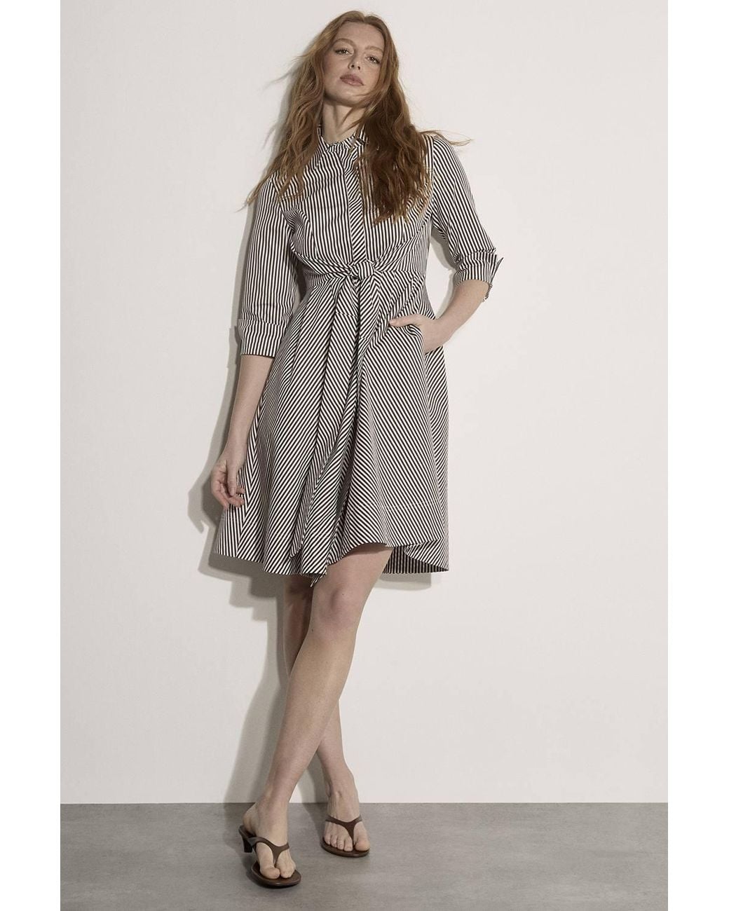 Apricot Brown Cotton Blend Stripe Shirt Mini Dress