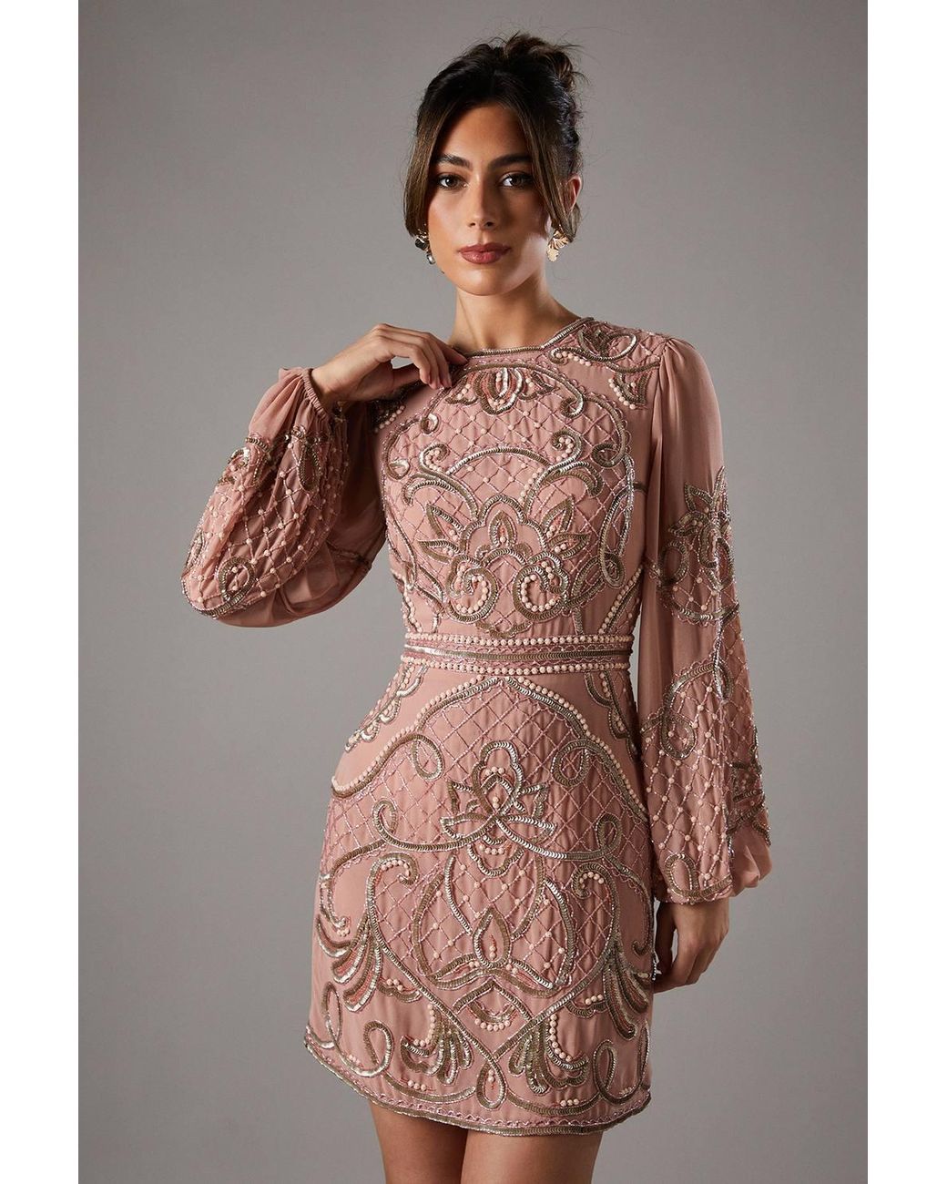 Coast Brown Muse Chiffon Embellished Mini Dress With Blouson Sleeves