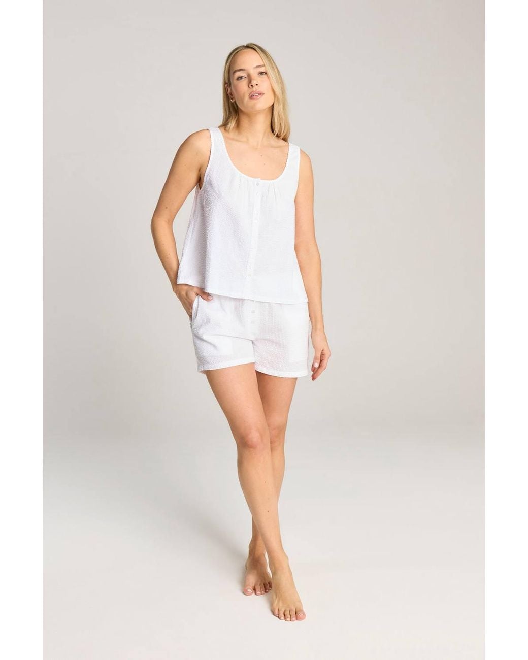Nudea White Cotton Seer Sucker Button Cami