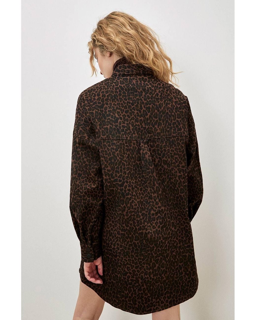 Apricot Brown Leopard Denim Shacket Mini Dress
