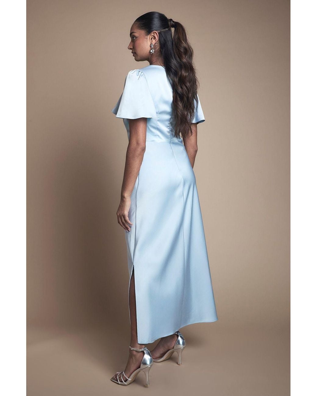 Oasis Blue Satin Twist Front Angel Sleeve Midi Bridesmaid Dress