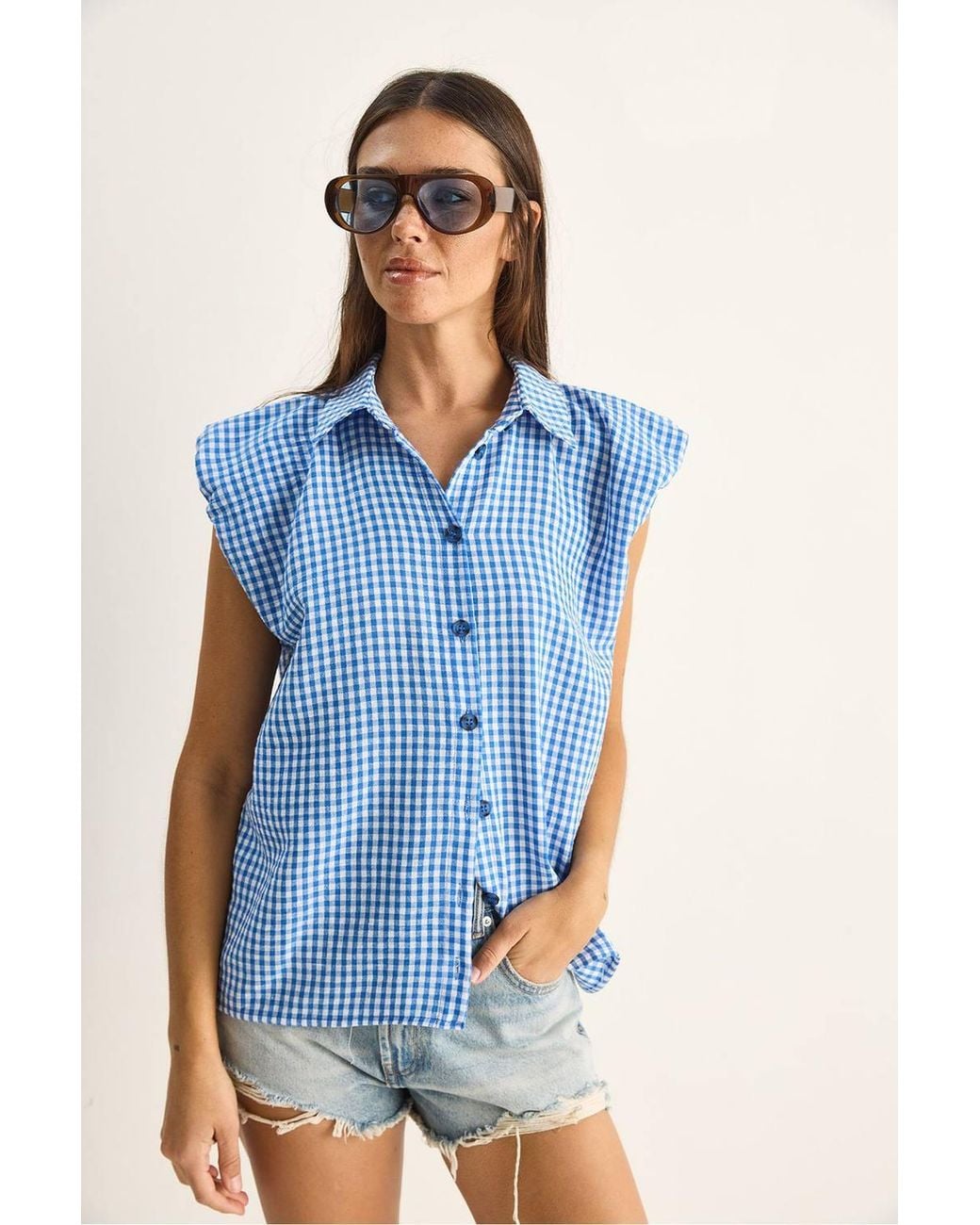Bianco Lucci Blue Gingham Cotton Sleeveless Shirt