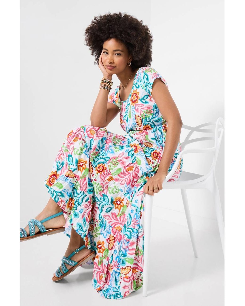 Joe Browns Multicolor Crinkle Cotton Maxi Dress With Tiered Skirt & Elasticated Waist