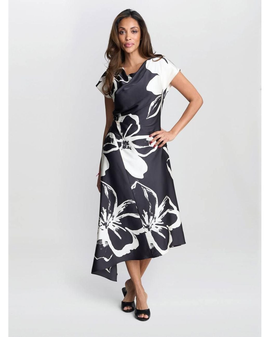 Gina Bacconi Blue Maude Floral Print Asymmetrical Midi Dress