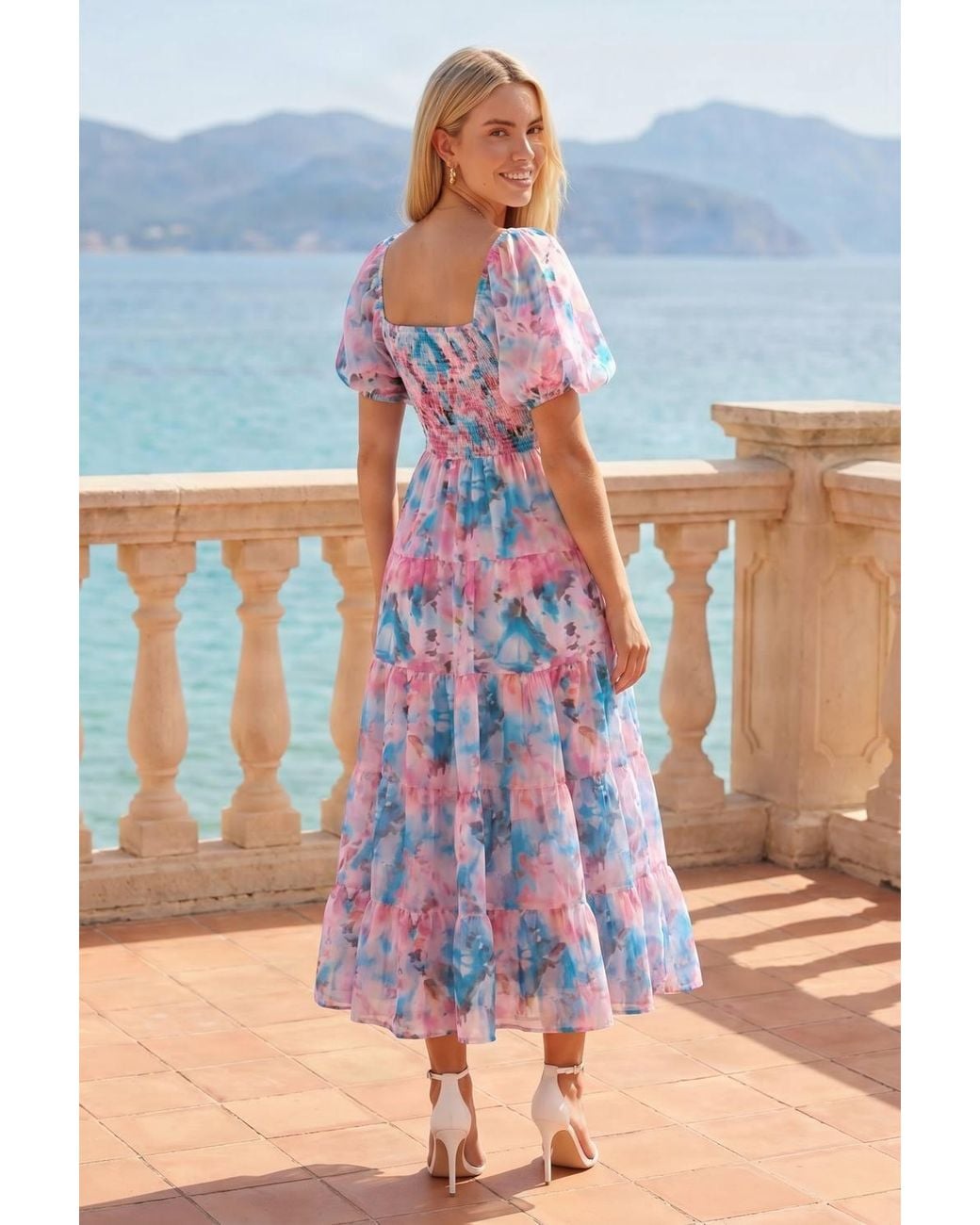 Style Cheat Blue Square Neck Puff Sleeve Midi Dress