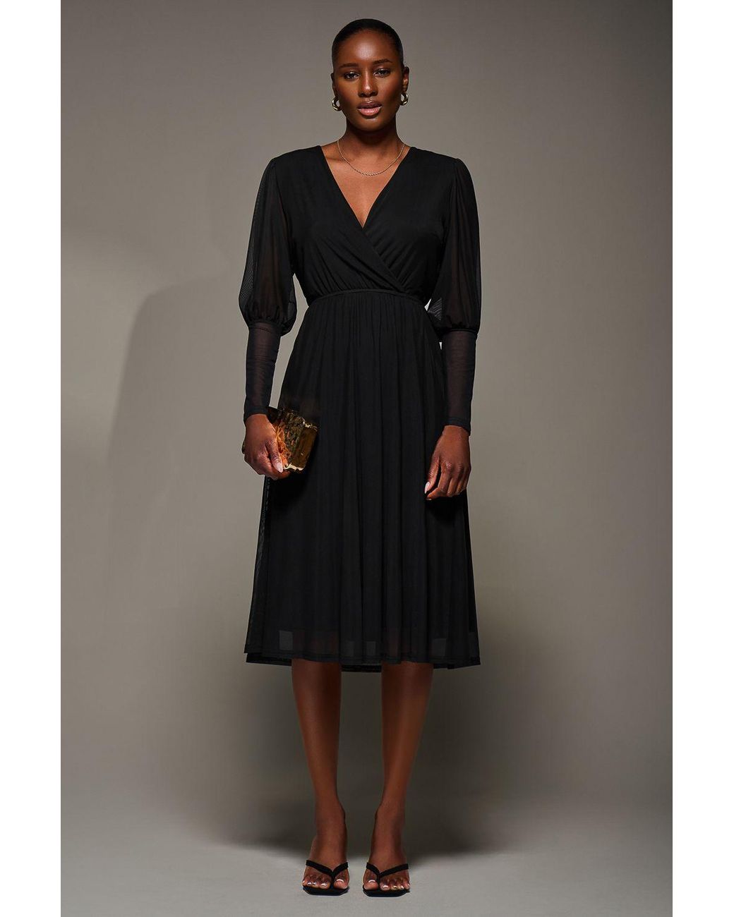 Jolie Moi Black Mesh Long Puff Sleeve Wrap Midi Dress