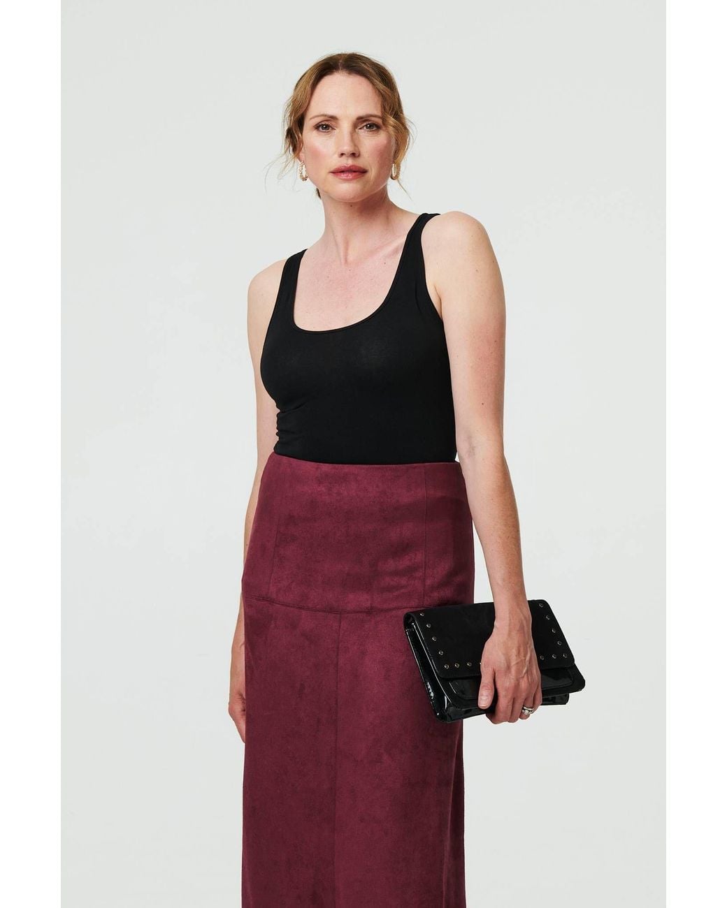 Izabel London Red Faux Suede A-Line High Waist Midi Skirt