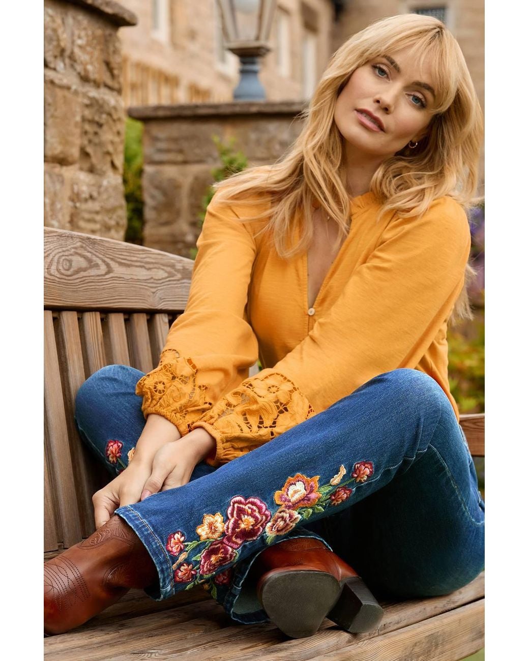 Joe Browns Orange Jersey Button Through Blouse With Embroidered Sleeve