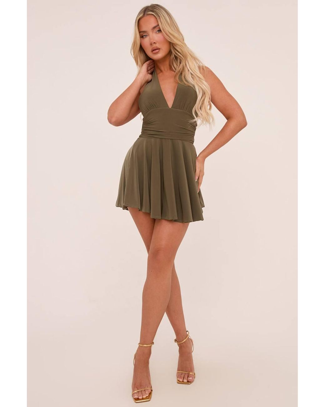 Rebellious Fashion Green Pippa Halter Plunge Neck Mini Dress