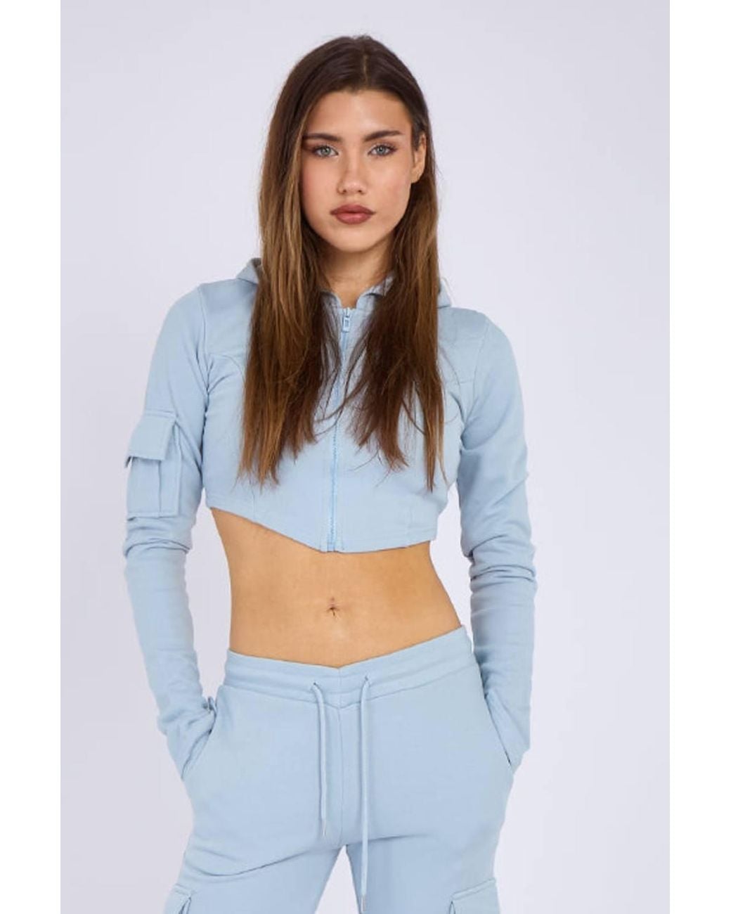Stylewise Blue Loopback Cropped Zip Up Hoodie