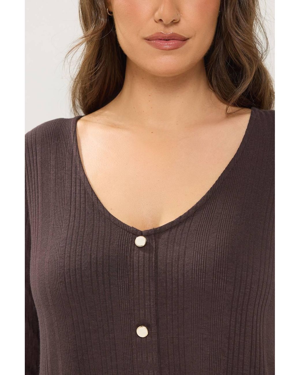 Yours Brown Ribbed Button Front Top