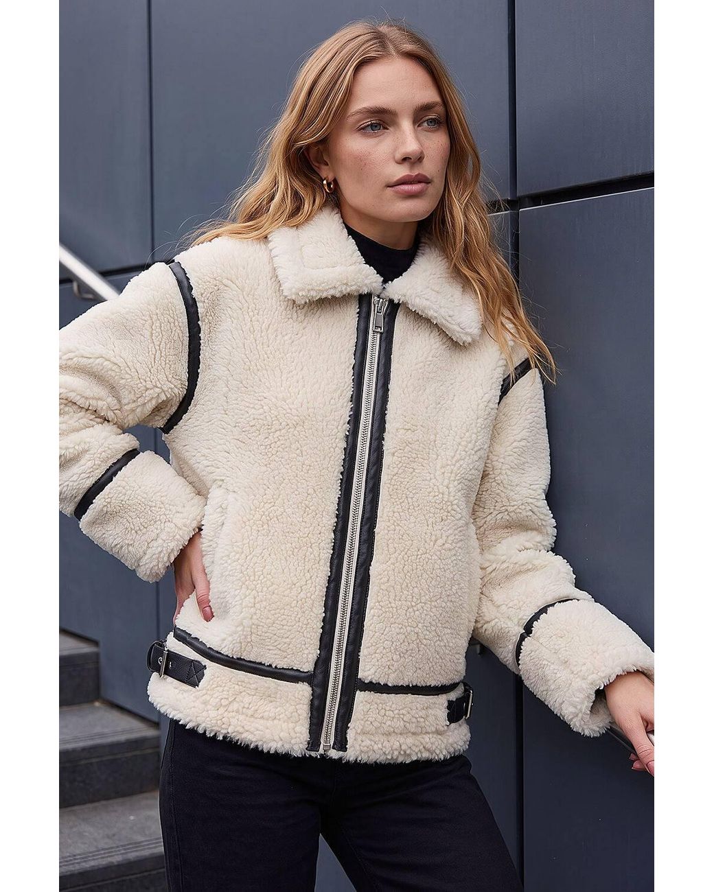 Roman Natural Borg Aviator Coat