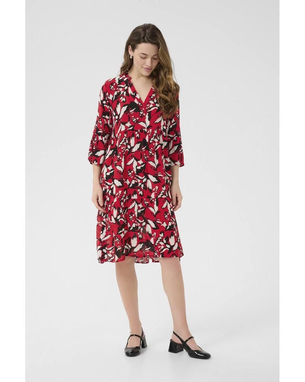 Kaffe Red Kahera V-Neck Knee-Length Printed Dress