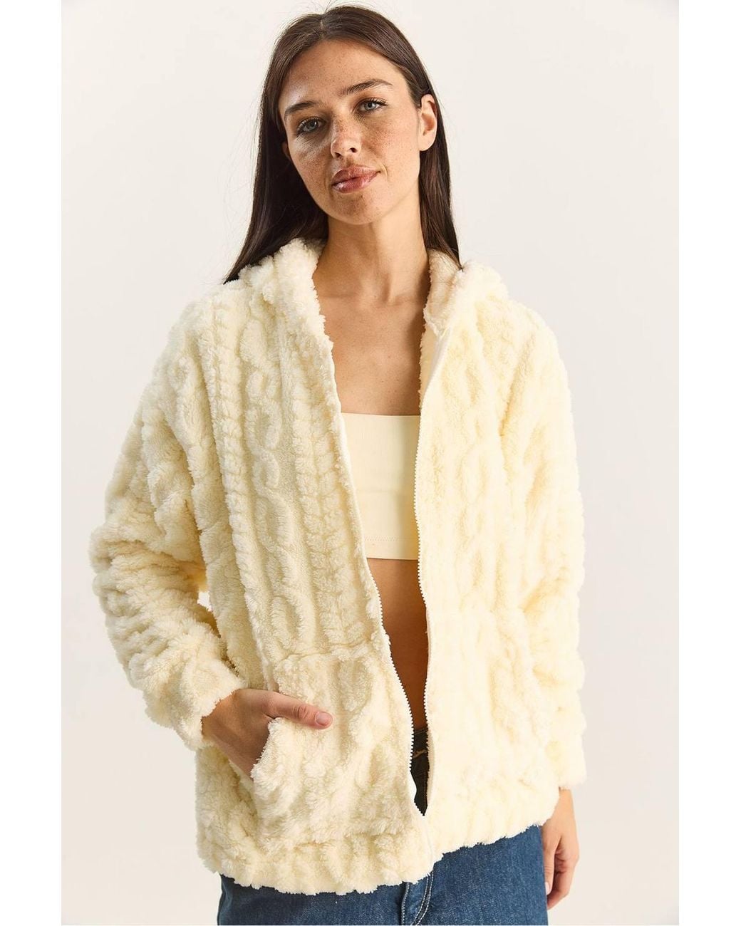 Bianco Lucci Natural Hooded Textured Knitted Cardigan With Zipper