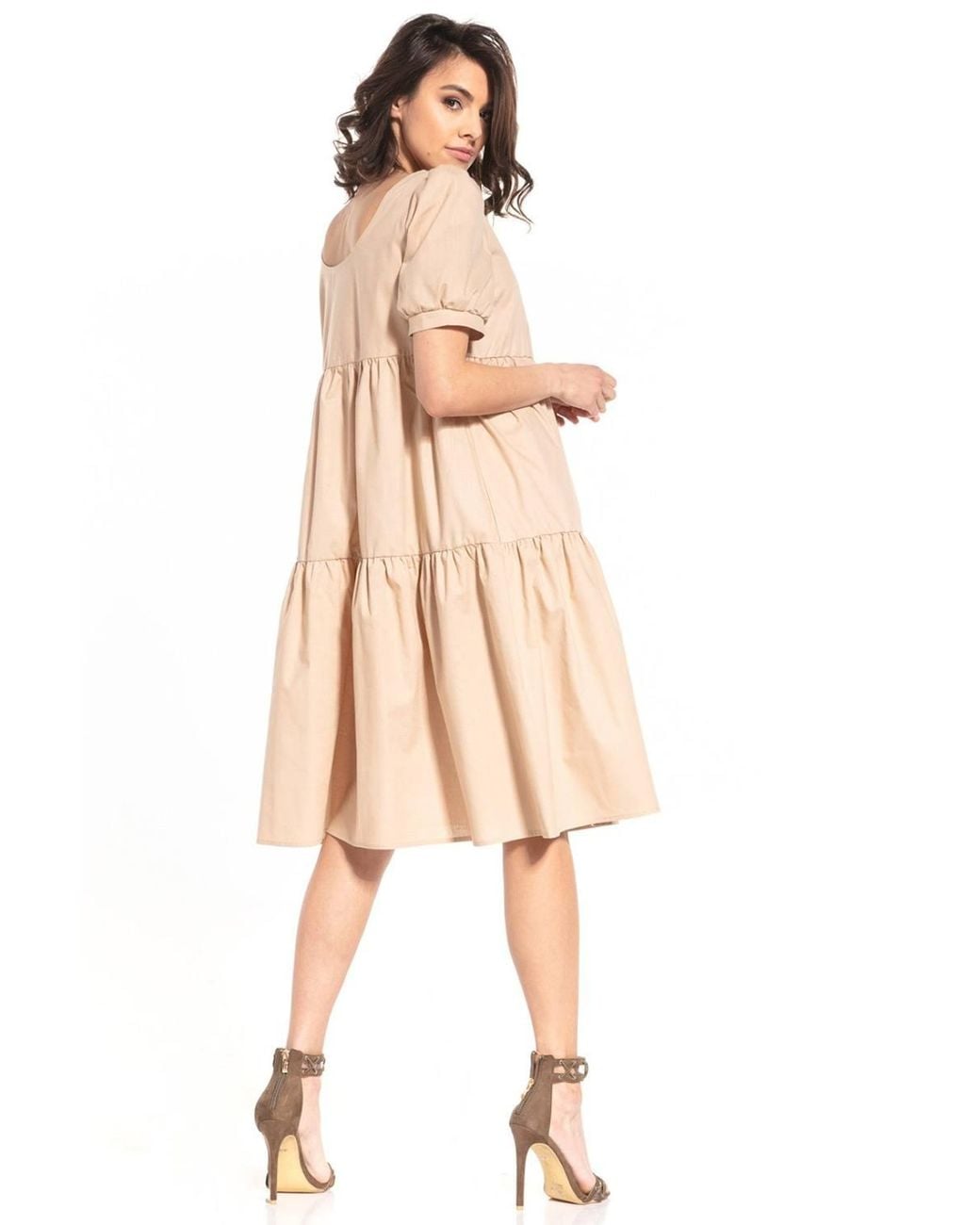 Love Lace Natural Midi Dress Boat Neck Short Puff Sleeve