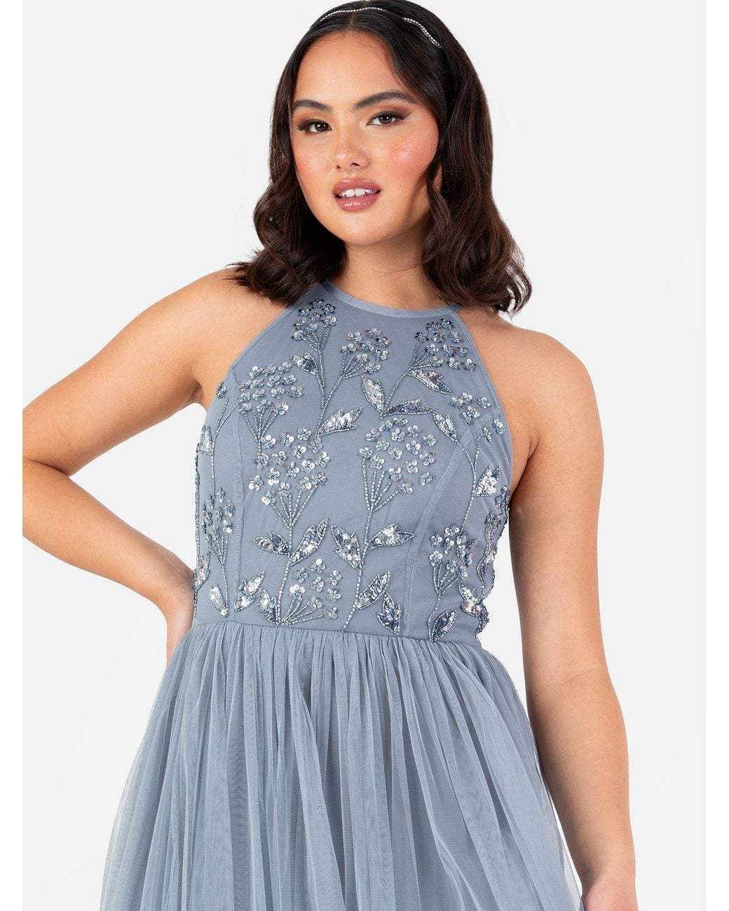 Maya Deluxe Blue Floral Embellished Halter Neck Maxi Dress
