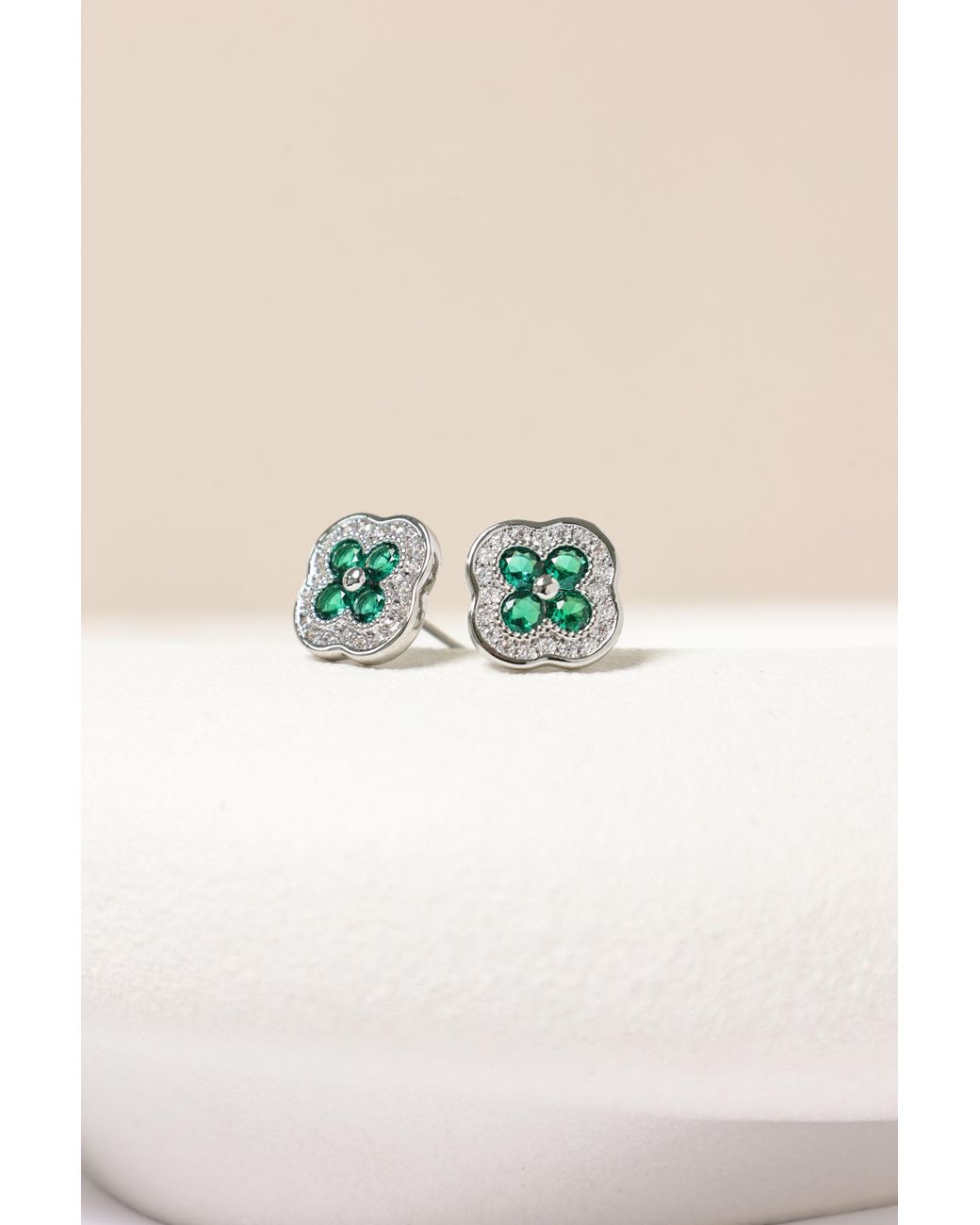 Jon Richard Blue Rhodium Plated Crystal & Emerald Clover Studs