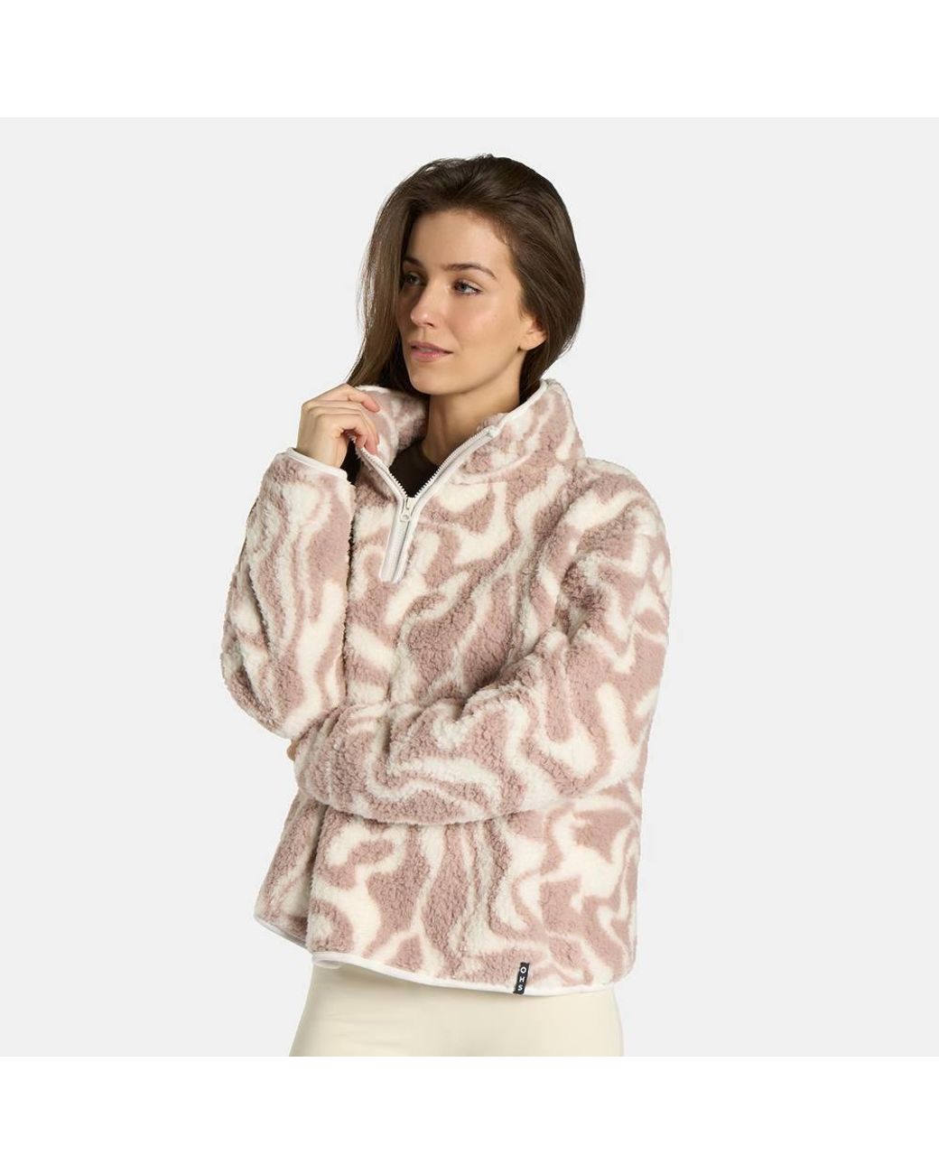 OHS Natural Printed Teddy Half Zip Fleece Sweatshirt Pullover Jumper Top