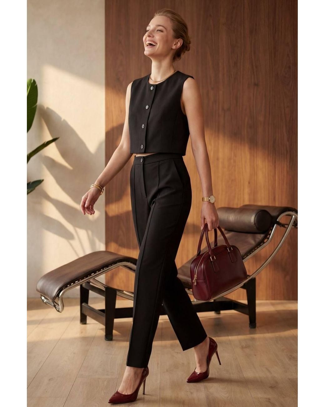 My Fashion Brown Crew Neck Crop Vest & High Waist Pants Two-Piece Set