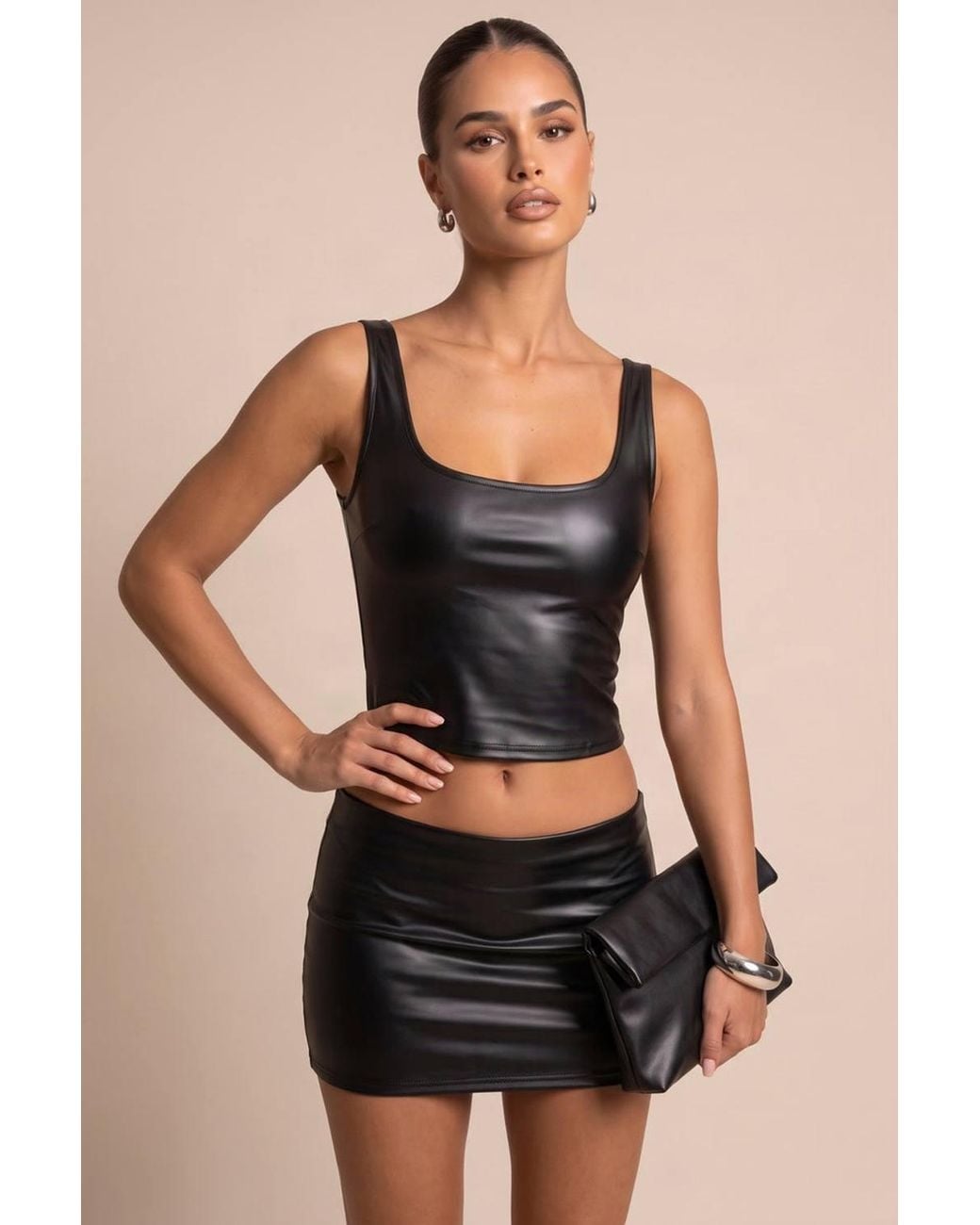 Rebellious Fashion Black Darian Faux Leather Vest Top & Mini Skirt Co-Ord Set