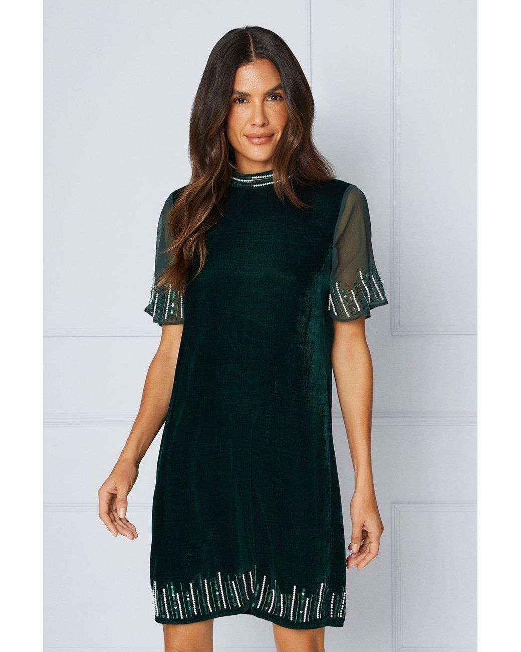 Wallis Velvet Embellished Shift Dress in Green Lyst UK