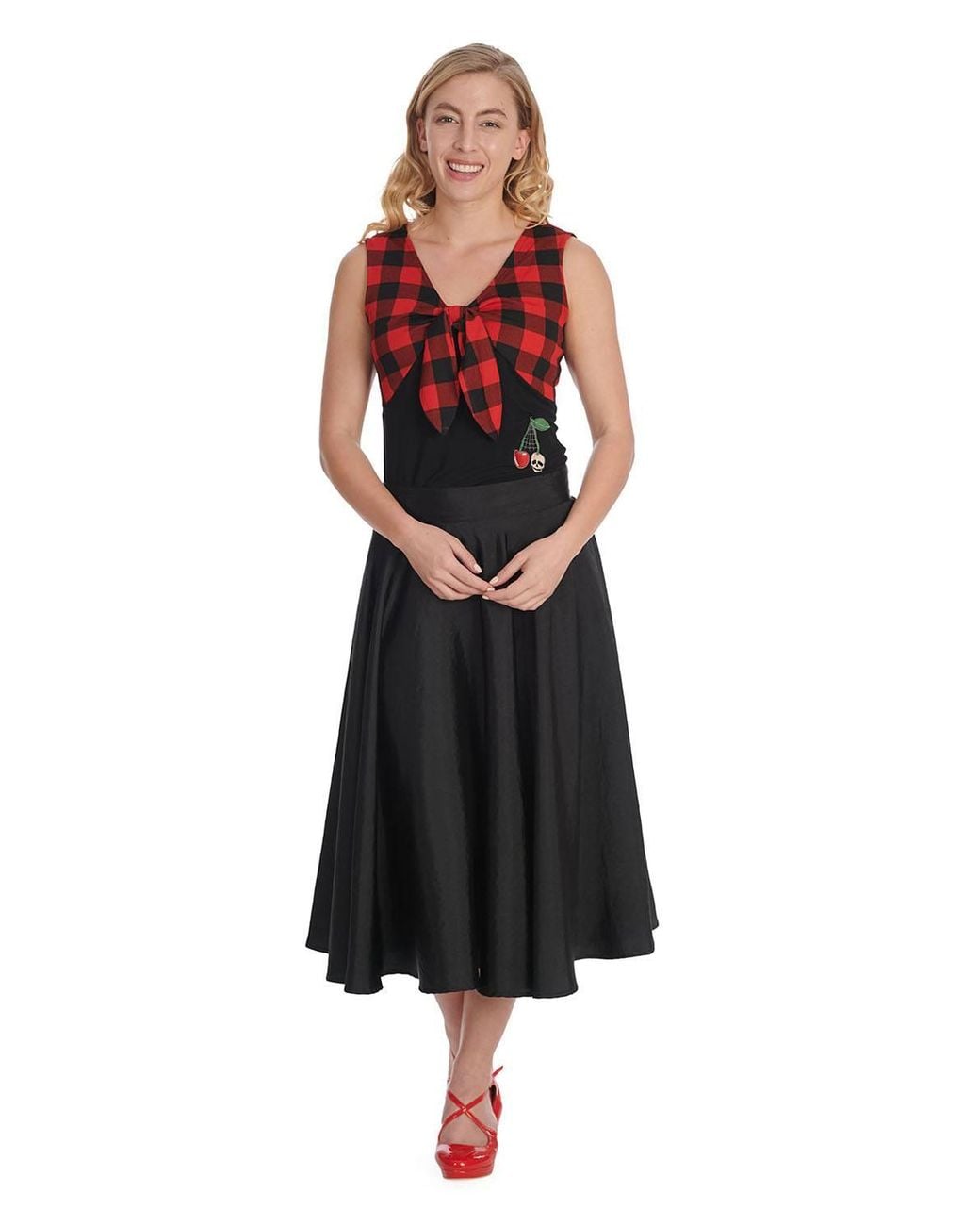 Banned Retro Red Check & Cherry Skull Top