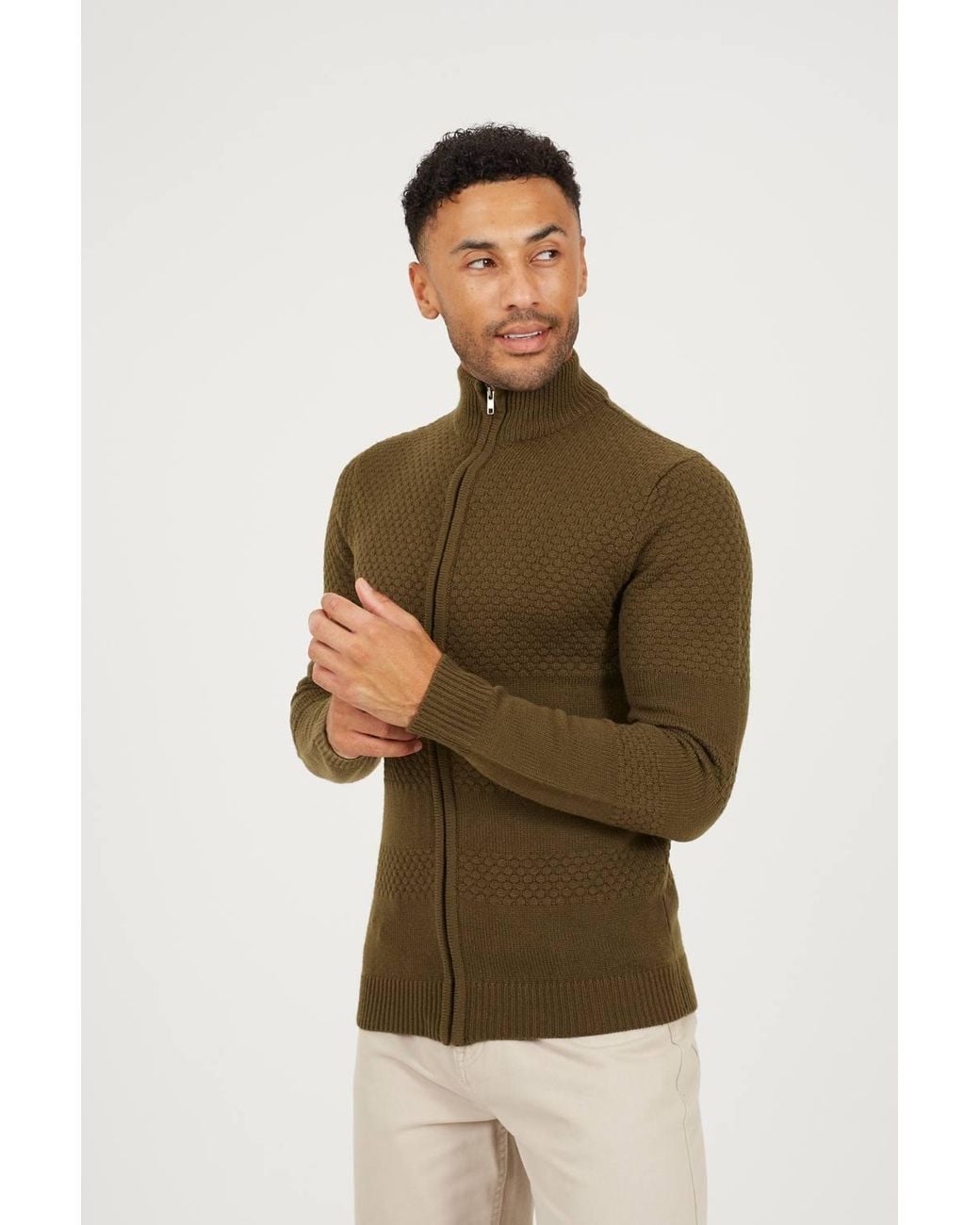 Brave Soul Green Zip Through Funnel Neck Knit Cardigan for men