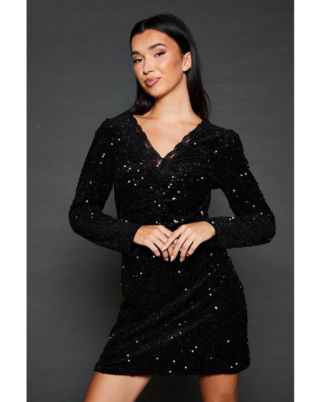 Dorothy Perkins Black Lace Trim Sequin Mini Dress