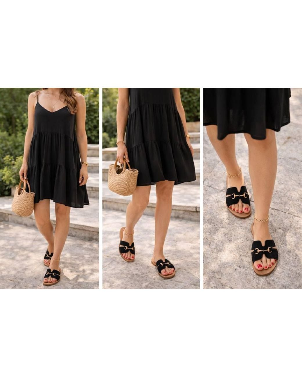 LARANGE Black Suede Slip-On Sandals Slides With Detail