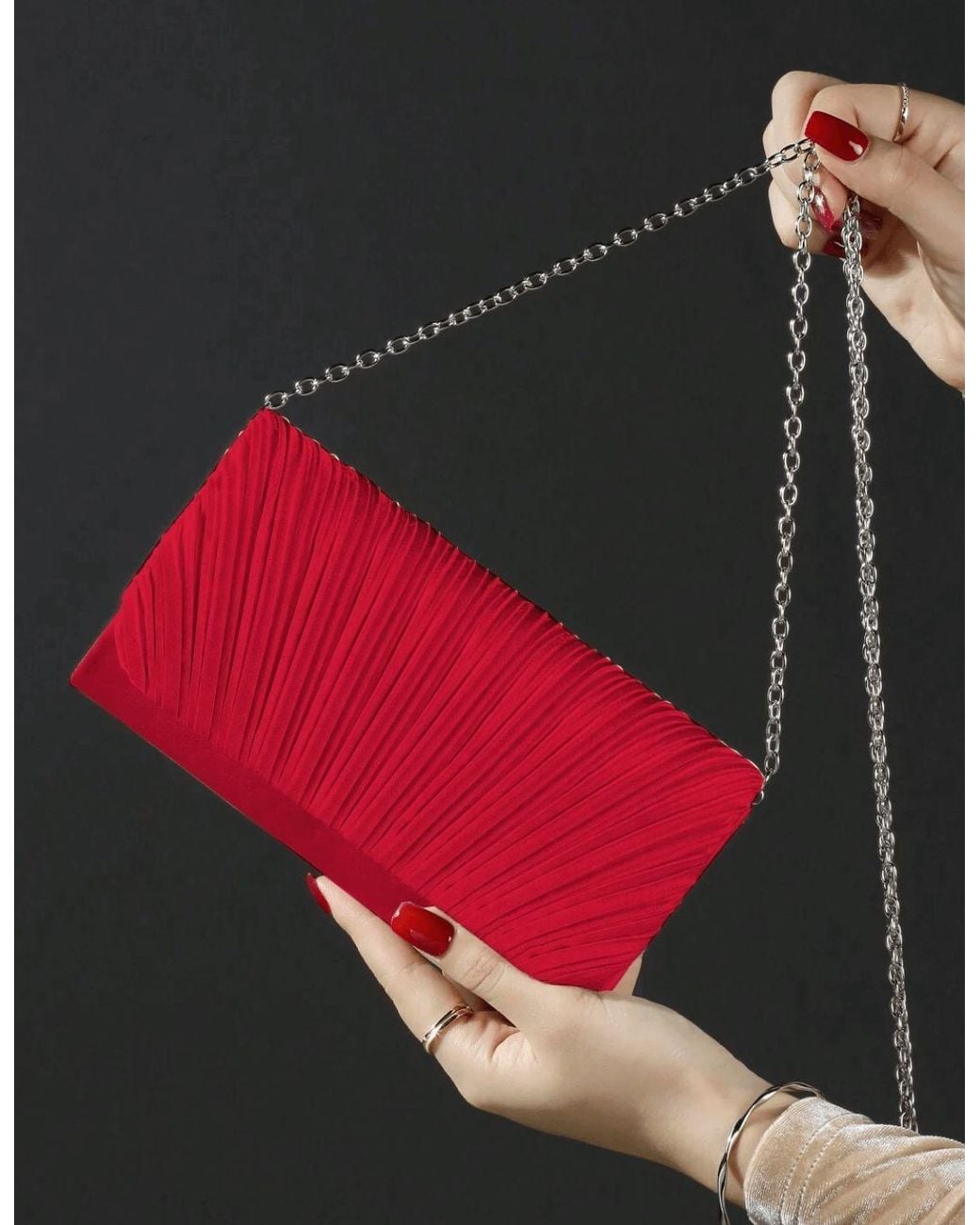 AJVANI Red Evening Pleated Satin Prom Party Bag