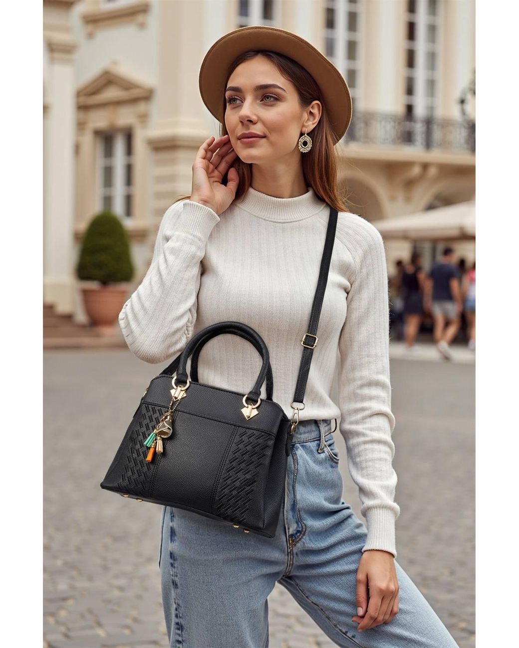 MODISHION Black Minimalist Lychee Grain Handbag With Tassel Pendants