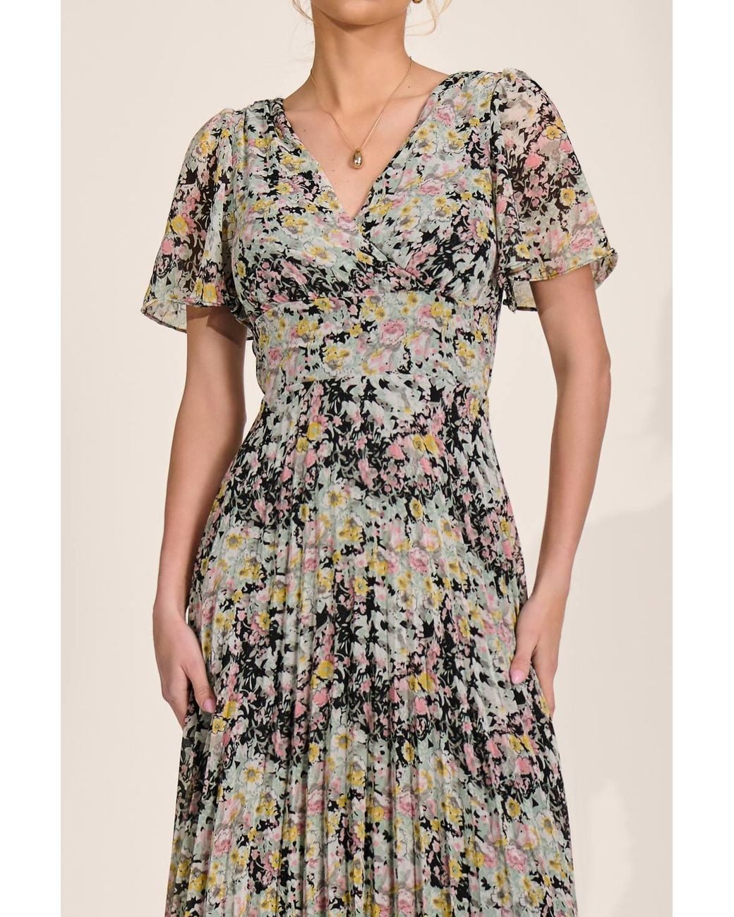 Jolie Moi Natural Floral Chiffon V Neck Midaxi Dress