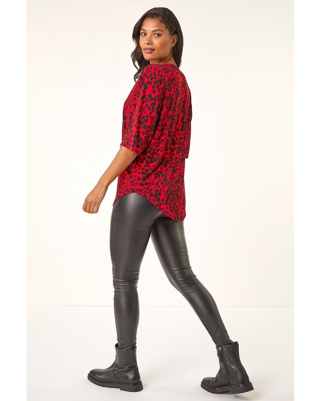 Roman Red Animal Print Zip Front Stretch Top