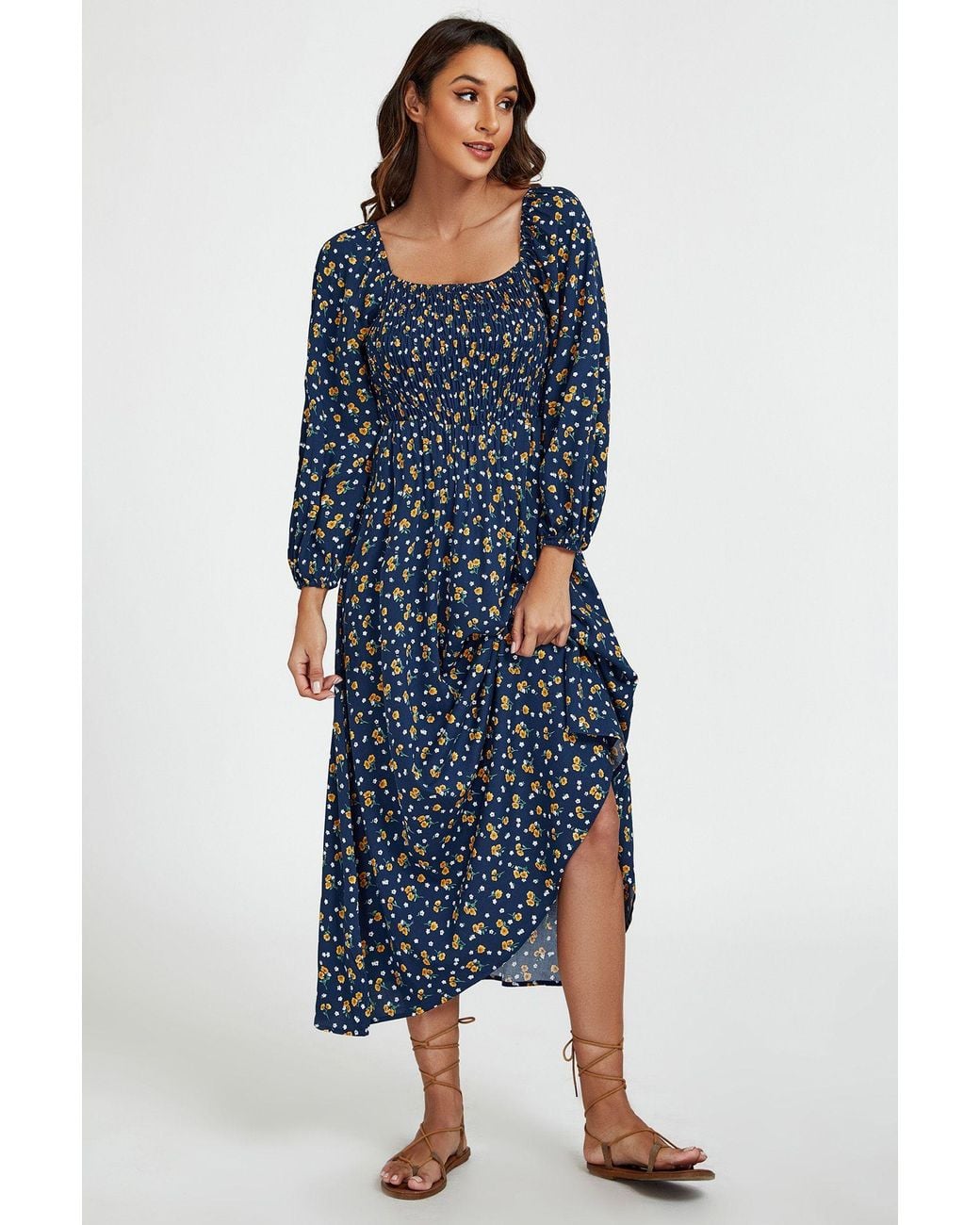 FS Collection Blue Print Square Neck Midi Dress With Long Sleeves