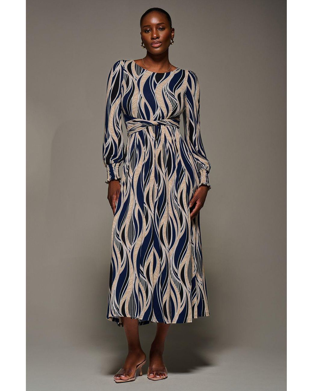 Jolie Moi Gray Jersey Belted Long Sleeve Maxi Dress