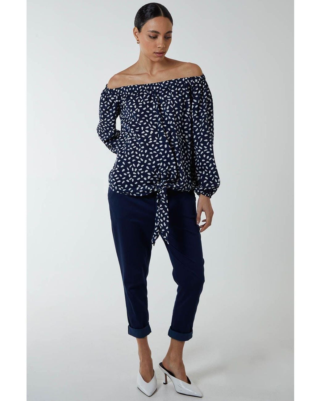 Blue Vanilla Blue Off Shoulder Print Top With Tie