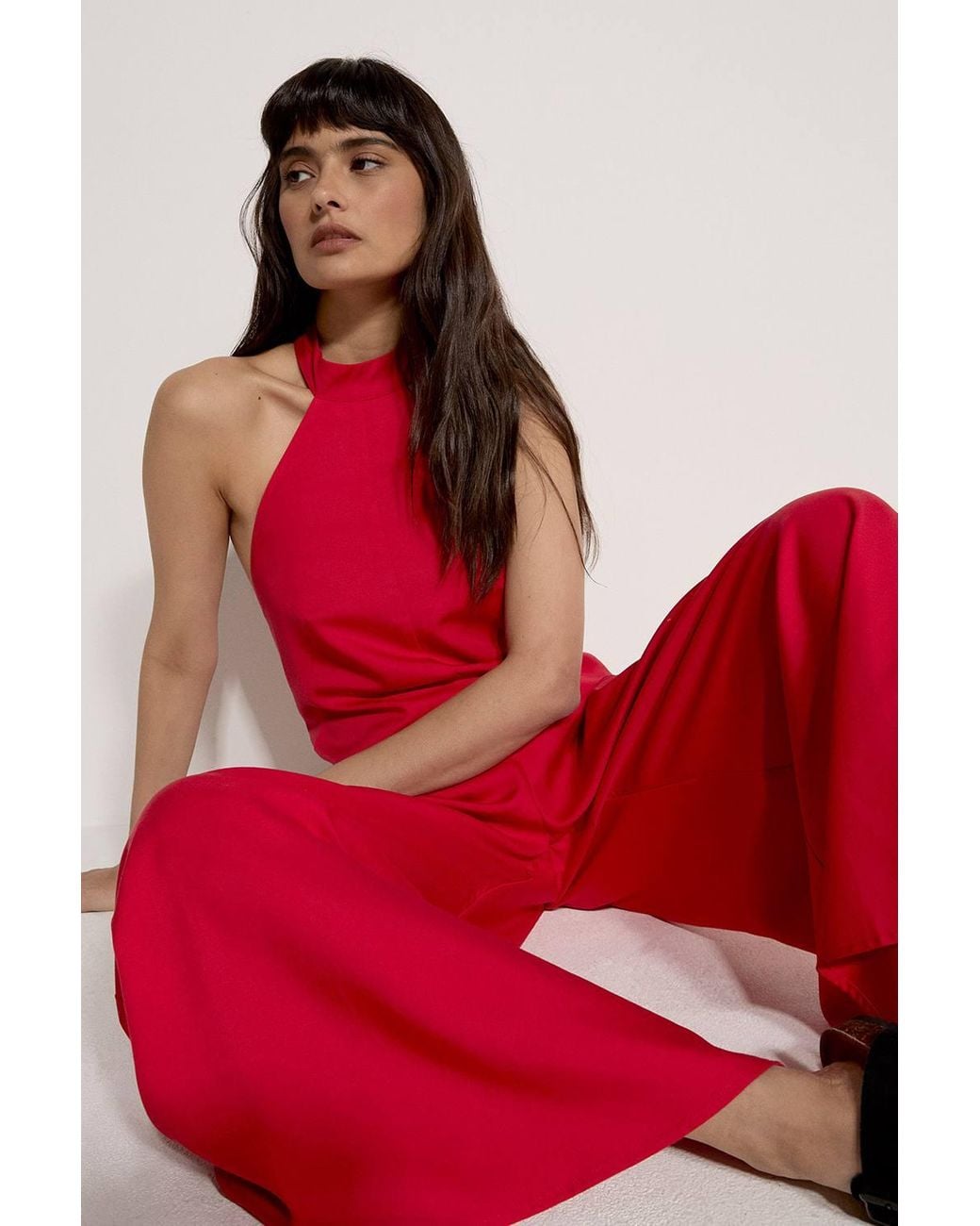 Apricot Red Halter Neck Wide-Leg Linen Blend Jumpsuit