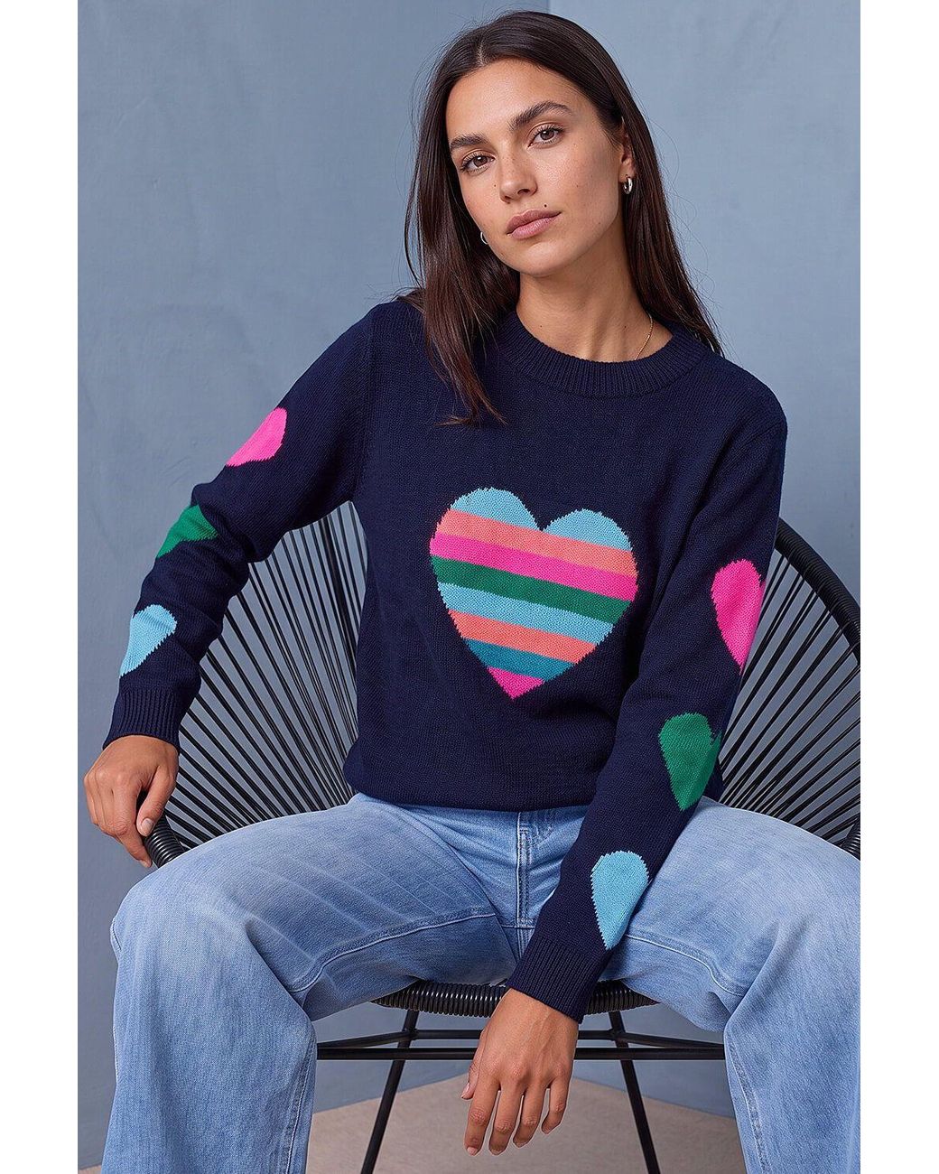 Roman Blue Multi Heart Detail Longline Jumper